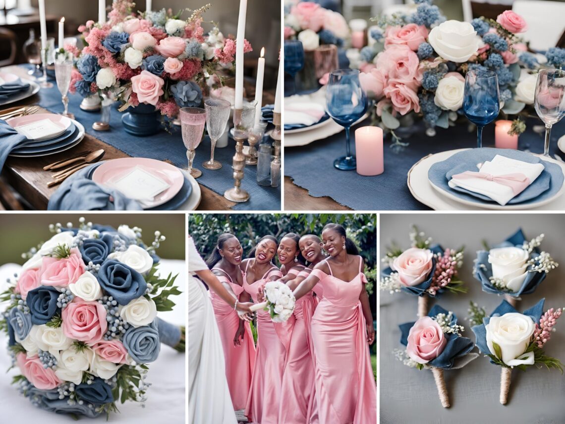 A photo collage of denim blue, pink, and white wedding color ideas.