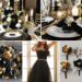 A photo collage of black, gold, and silver wedding color ideas.