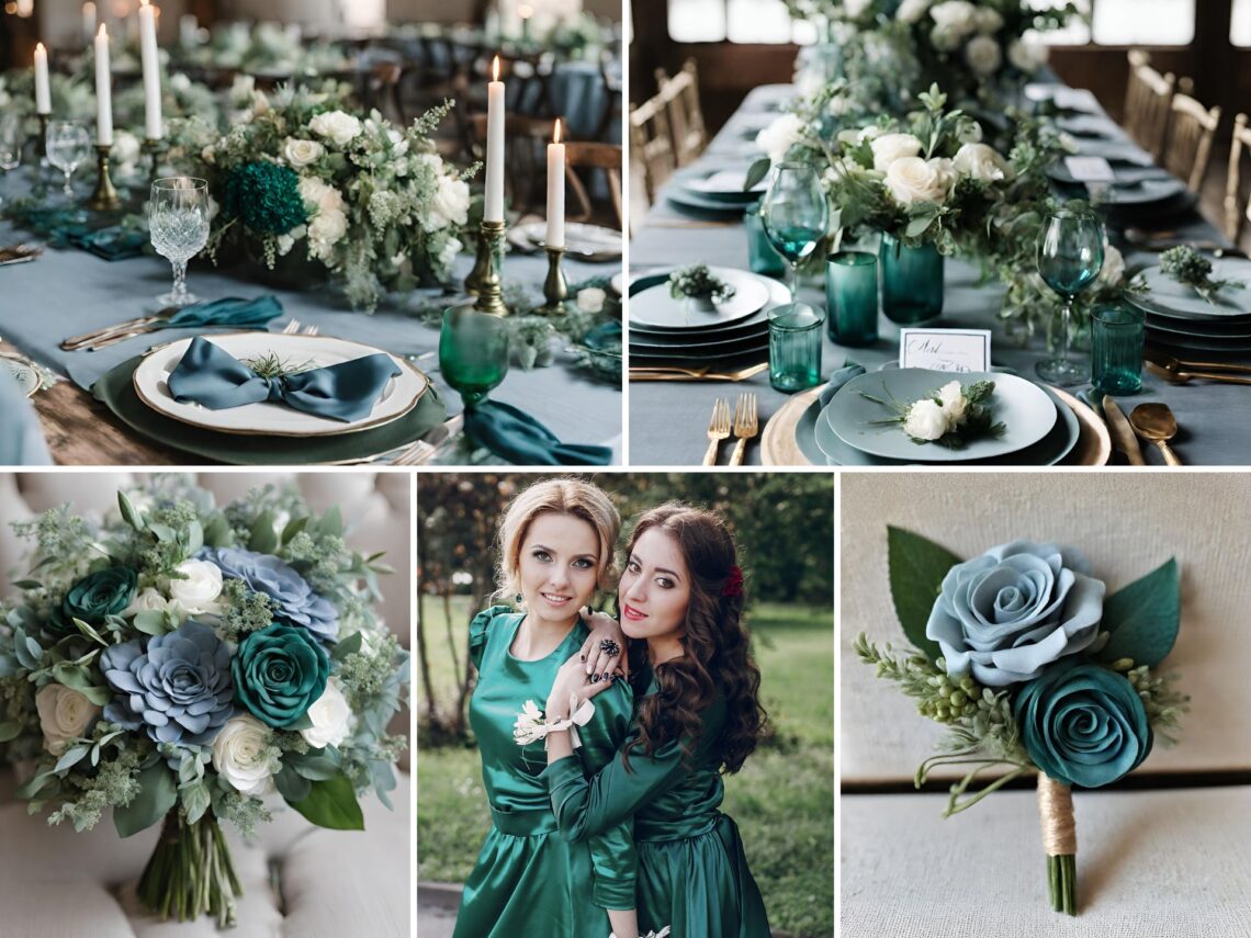 A photo collage of dusty blue and emerald green wedding color ideas.