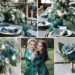 A photo collage of dusty blue and emerald green wedding color ideas.