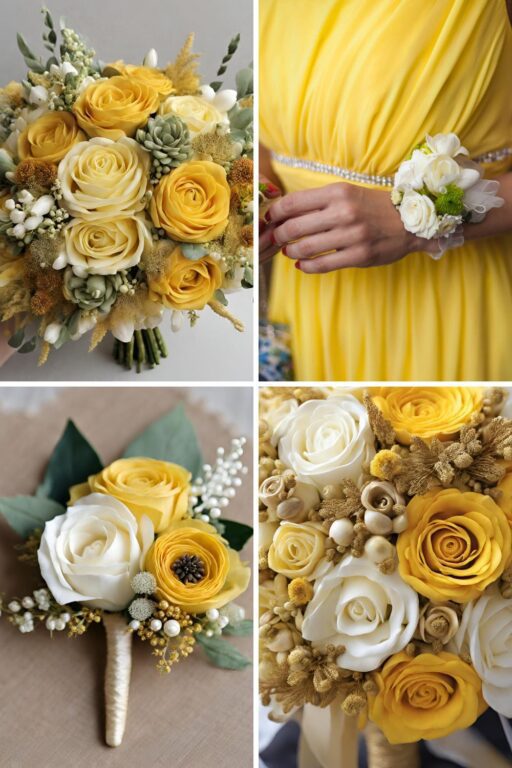 A photo collage of yellow gold wedding color ideas.