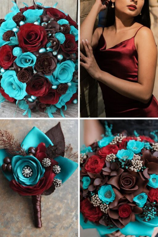 A photo collage of chocolate brown, teal blue, and red wine wedding color ideas.