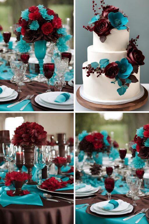 A photo collage of chocolate brown, teal blue, and red wine wedding color ideas.