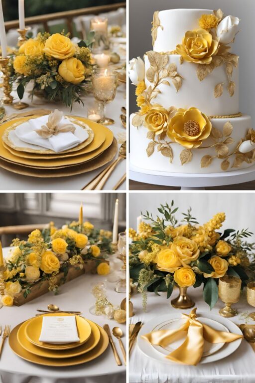 A photo collage of yellow gold wedding color ideas.