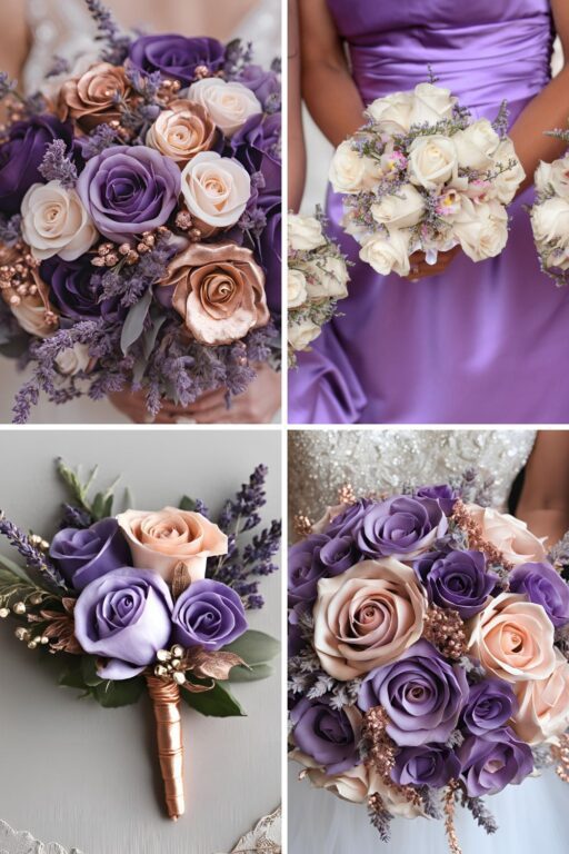 A photo collage of lavender purple and rose gold wedding color ideas.