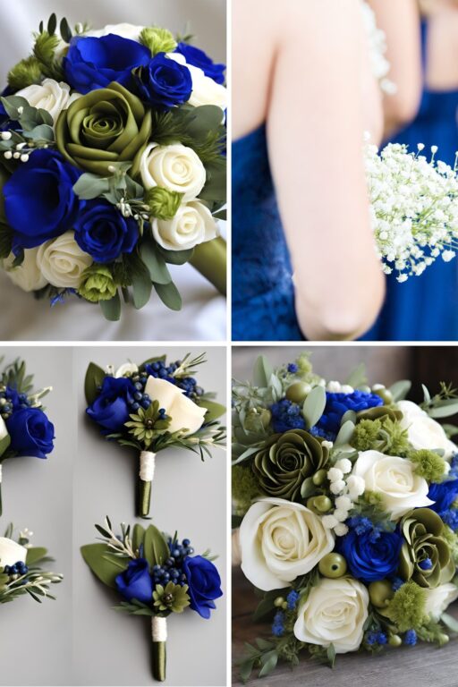 A photo collage of olive green, royal blue, and ivory wedding color ideas.