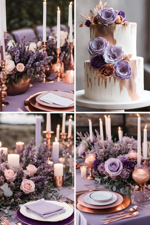 A photo collage of lavender purple and rose gold wedding color ideas.