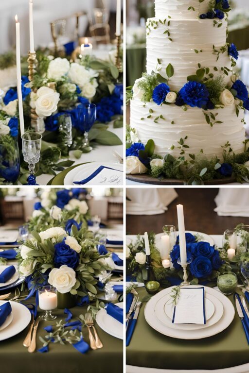 A photo collage of olive green, royal blue, and ivory wedding color ideas.