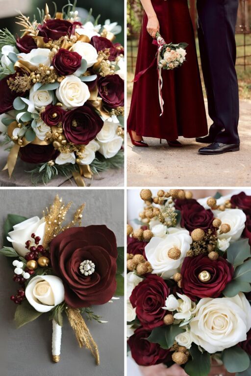 A photo collage of wine red, gold, and white wedding color ideas.