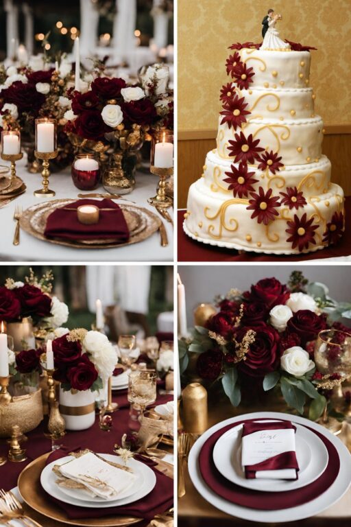 A photo collage of wine red, gold, and white wedding color ideas.