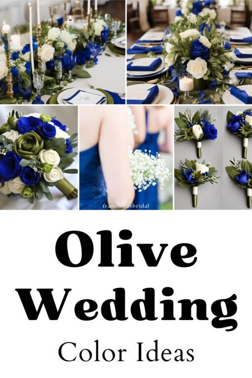 A photo collage of olive green and royal blue wedding color ideas.