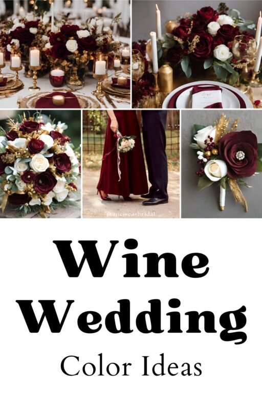 A photo collage of wine red wedding color ideas.