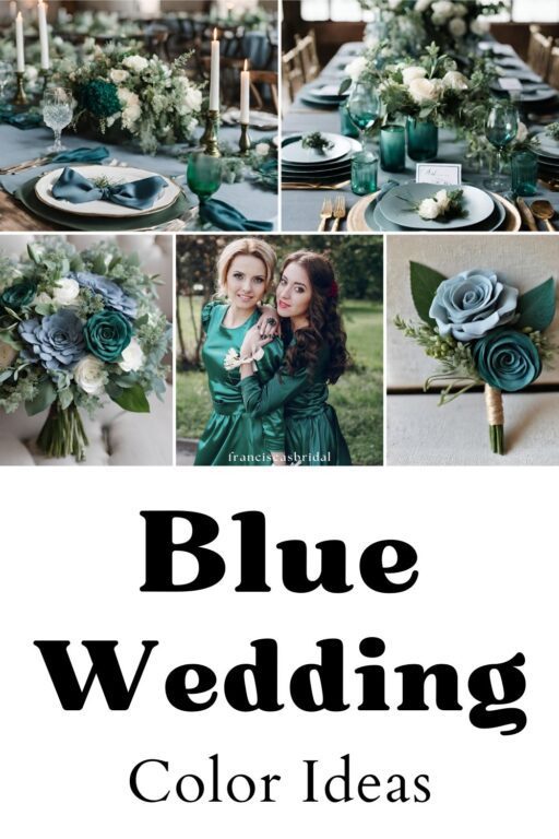 A photo collage of blue and green wedding palette ideas.