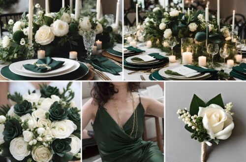 A photo collage of dark green and cream wedding color ideas.