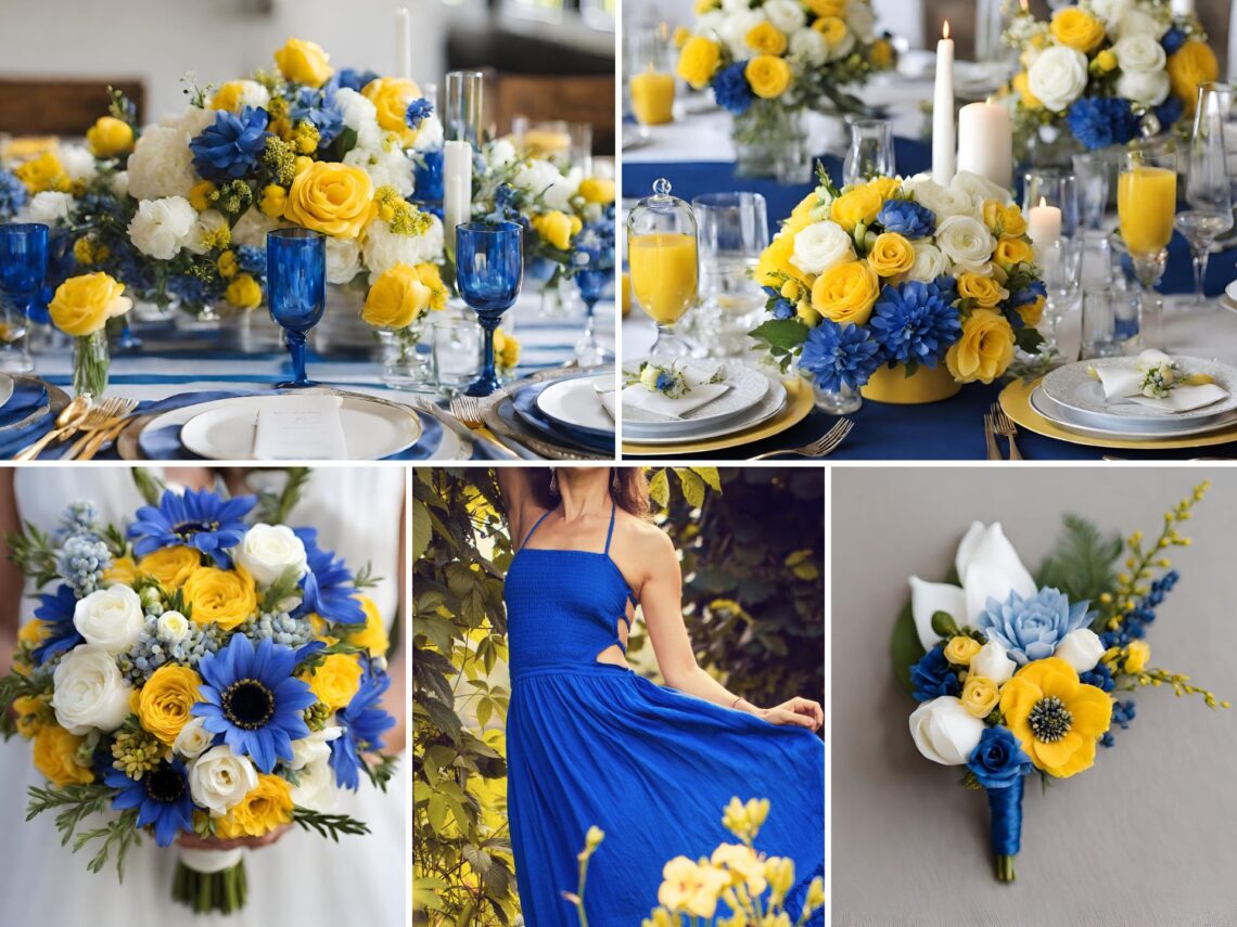 A photo collage of blue, yellow, and white wedding color ideas.