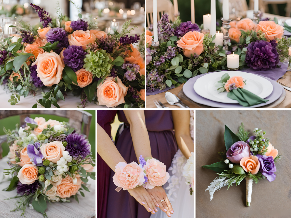 A photo collage of peach, purple, and green wedding color ideas.