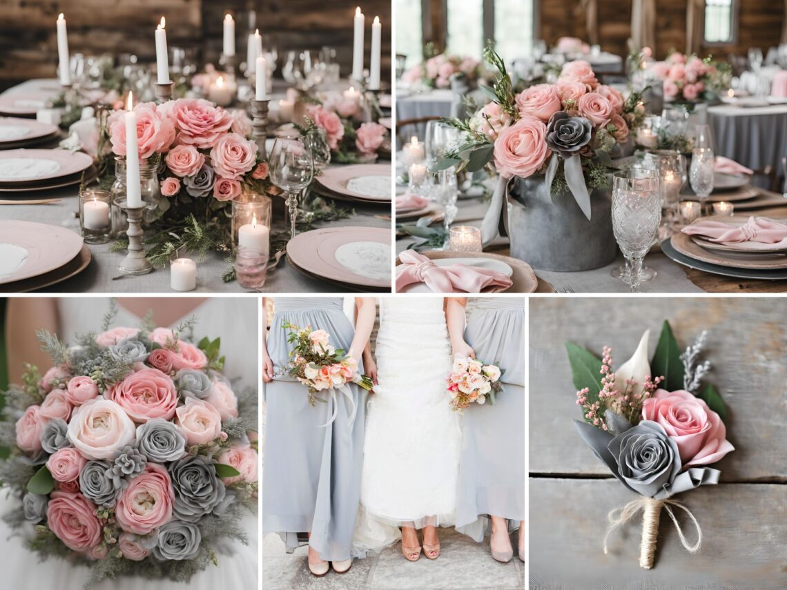 A photo collage of pink and grey wedding color ideas with rustic accents.