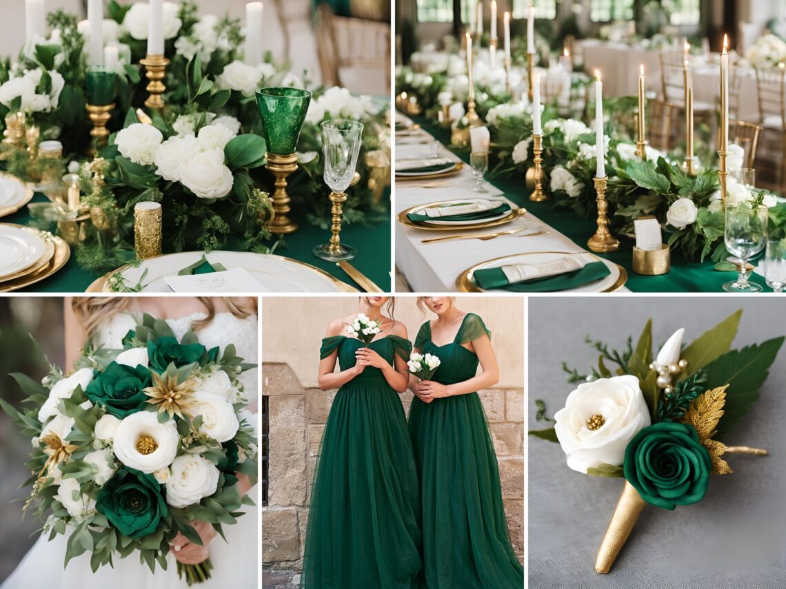 A photo collage of emerald green, gold, and white wedding color ideas.