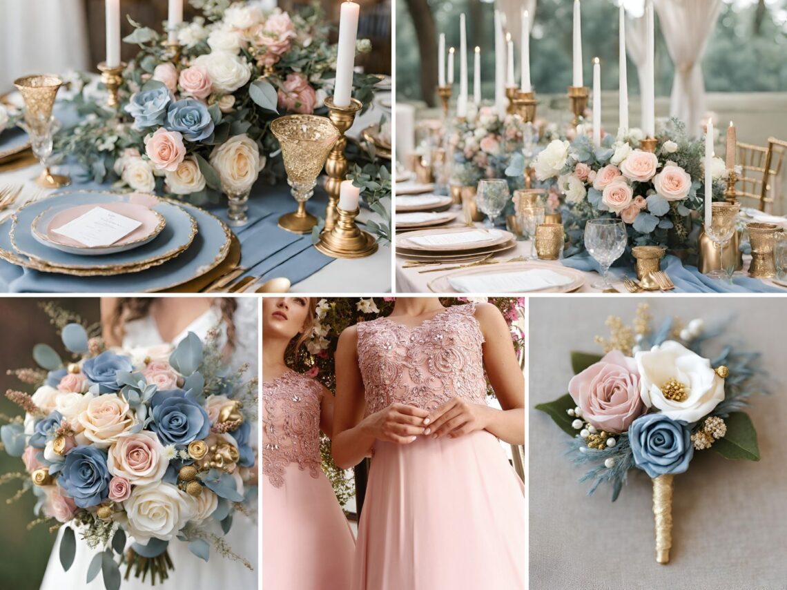 A photo collage of dusty blue, dusty pink, gold, and white wedding color ideas.