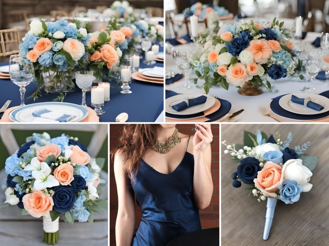 A photo collage of navy blue, sky blue, peach, and white wedding color ideas.