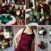 A photo collage of wine red, emerald green, gold, and white wedding color ideas.