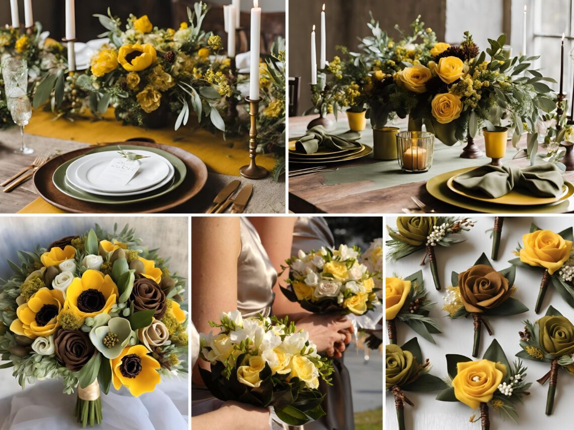 A photo collage of mustard yellow, olive green, and coffee brown wedding color ideas.