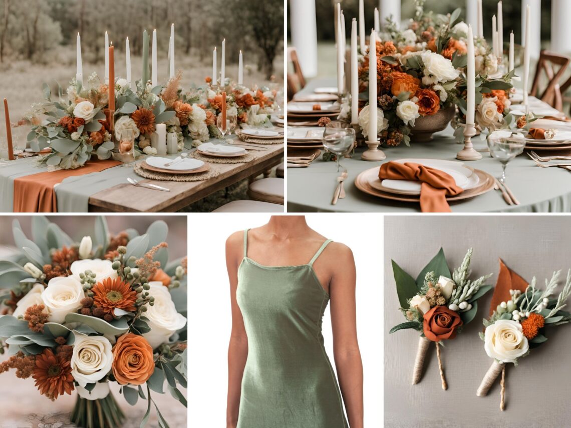 A photo collage of sage green, rust orange, cream, beige, and tan wedding color ideas.