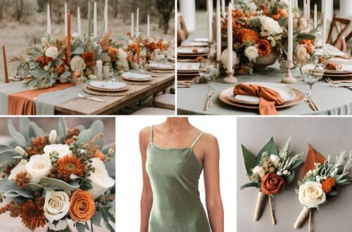 A photo collage of sage green, rust orange, cream, beige, and tan wedding color ideas.