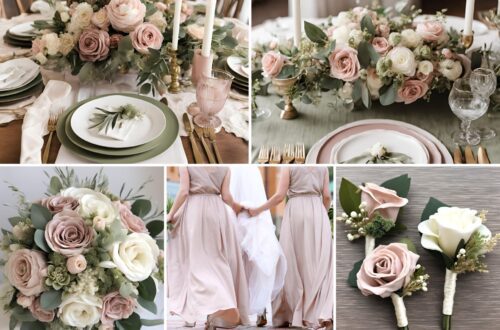 A photo collage of dusty pink, olive green, and ivory wedding color ideas.