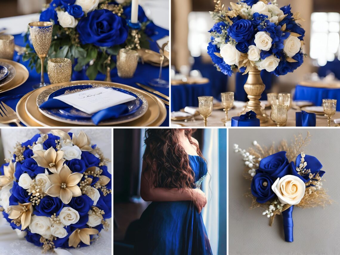 A photo collage of royal blue, champagne gold, and white wedding color ideas.