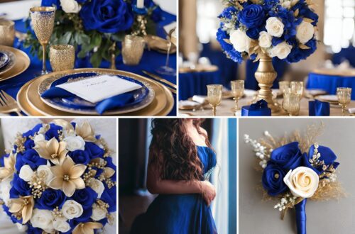 A photo collage of royal blue, champagne gold, and white wedding color ideas.