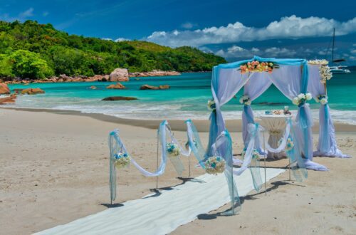 A wedding on a tropical beach front.