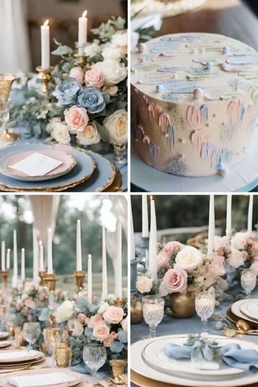 A photo collage of dusty blue, dusty pink, gold, and white wedding color ideas.