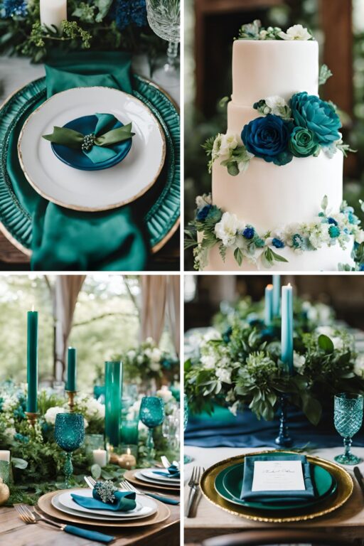 A photo collage of emerald green and blue wedding color ideas.