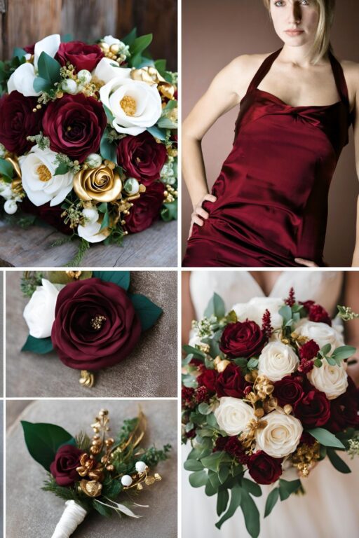 A photo collage of wine red, emerald green, gold, and white wedding color ideas.