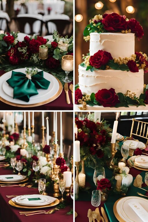 A photo collage of wine red, emerald green, gold, and white wedding color ideas.