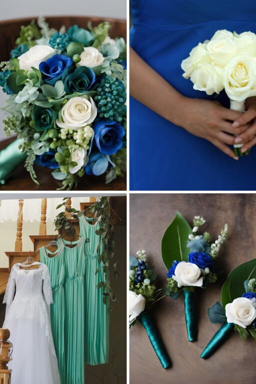 A photo collage of emerald green and blue wedding color ideas.