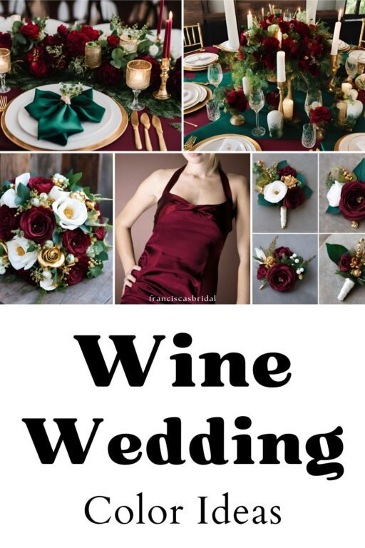 A photo collage of wine red and emerald wedding palette ideas.