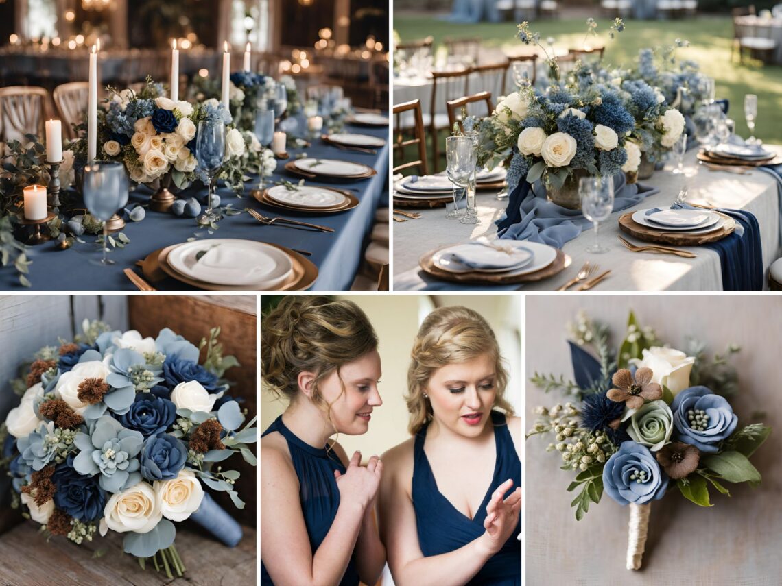 A photo collage of dusty blue, navy blue, and brown wedding ideas.