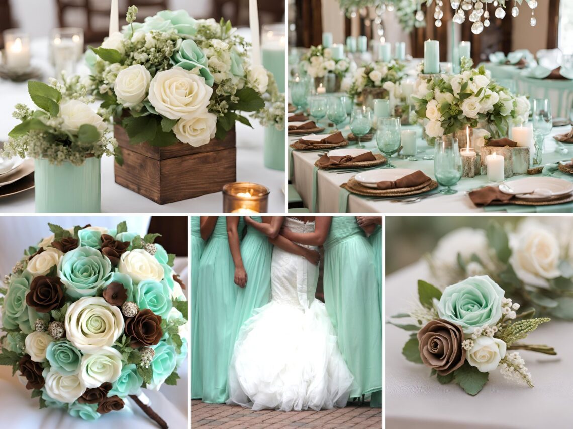 A photo collage of mint green, brown, and off white wedding ideas.