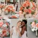 A photo collage of pink, salmon, silver, and white wedding color ideas.