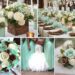 A photo collage of mint green, brown, and off white wedding ideas.