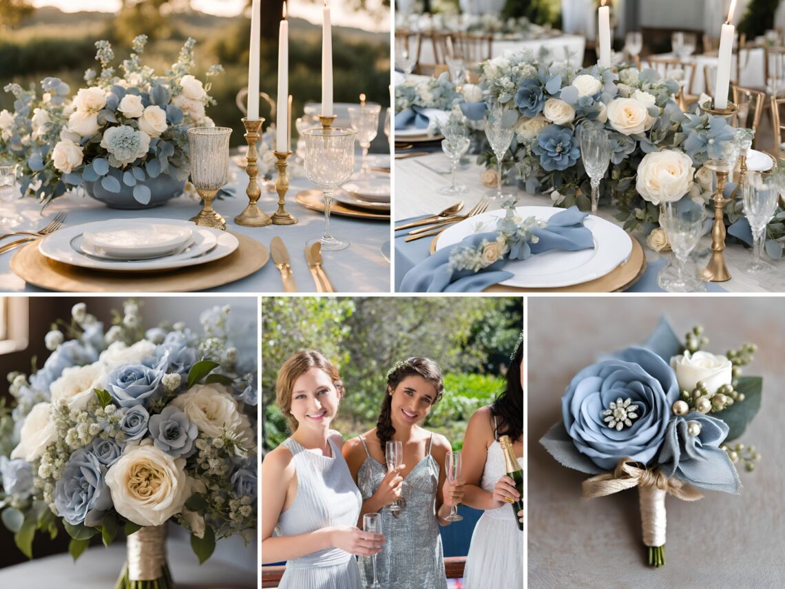 A photo collage of dusty blue, champagne, and light grey wedding ideas.