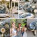 A photo collage of dusty blue, champagne, and light grey wedding ideas.