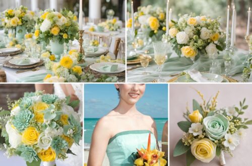 A photo collage of mint green, yellow, and white wedding ideas.