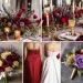 A photo collage of red, lavender, and gold wedding color ideas.