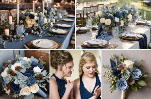 A photo collage of dusty blue, navy blue, and brown wedding ideas.