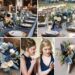 A photo collage of dusty blue, navy blue, and brown wedding ideas.