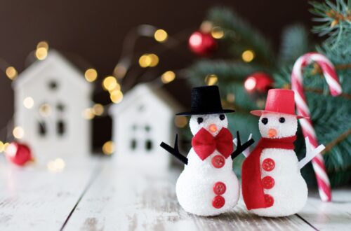 A table with mini snowman and christmas village houses.