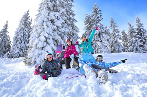 A group of friends at a ski resort for a bachelorette party.